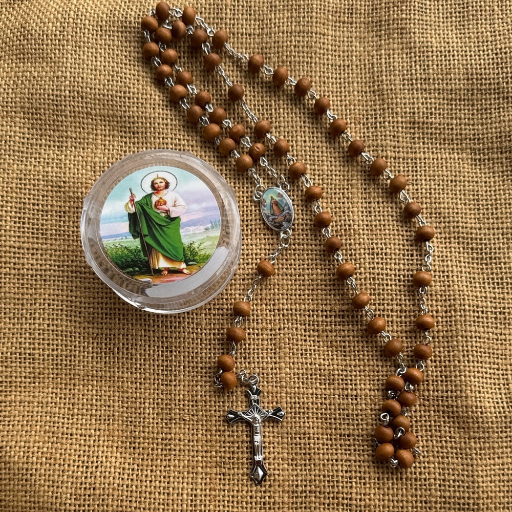 St. Jude Thaddeus Rose Petal Scented Rosary Wooden Bead Rosary Saint Image New